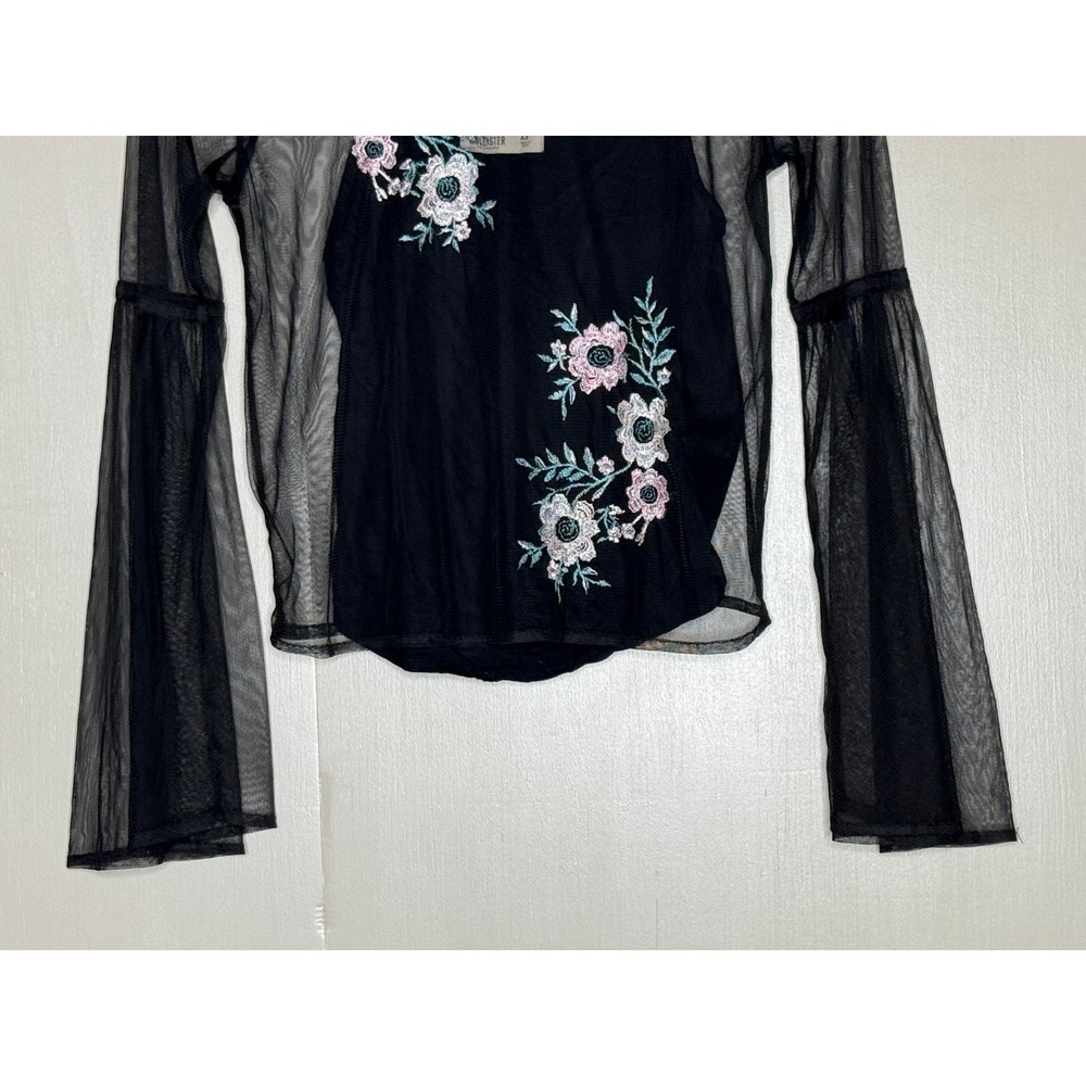 Hollister Black Mesh Embroidered Floral Bell Sleeve Top XS - Picture 4 of 8